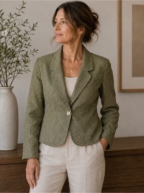 Windsmoor Embroidered Linen Olive Green Paisley Women's Jacket Size 14 Textured